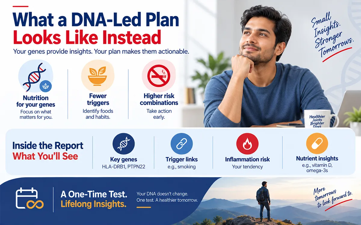 The report includes key genes (HLA-DRB1, PTPN22), trigger links like smoking, inflammation risk, and nutrient insights (e.g., vitamin D, omega-3s).