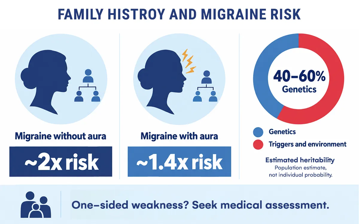Chart showing how a family history of migraine raises your risk and how much migraine is genetic, about 40 to 60 percent. 