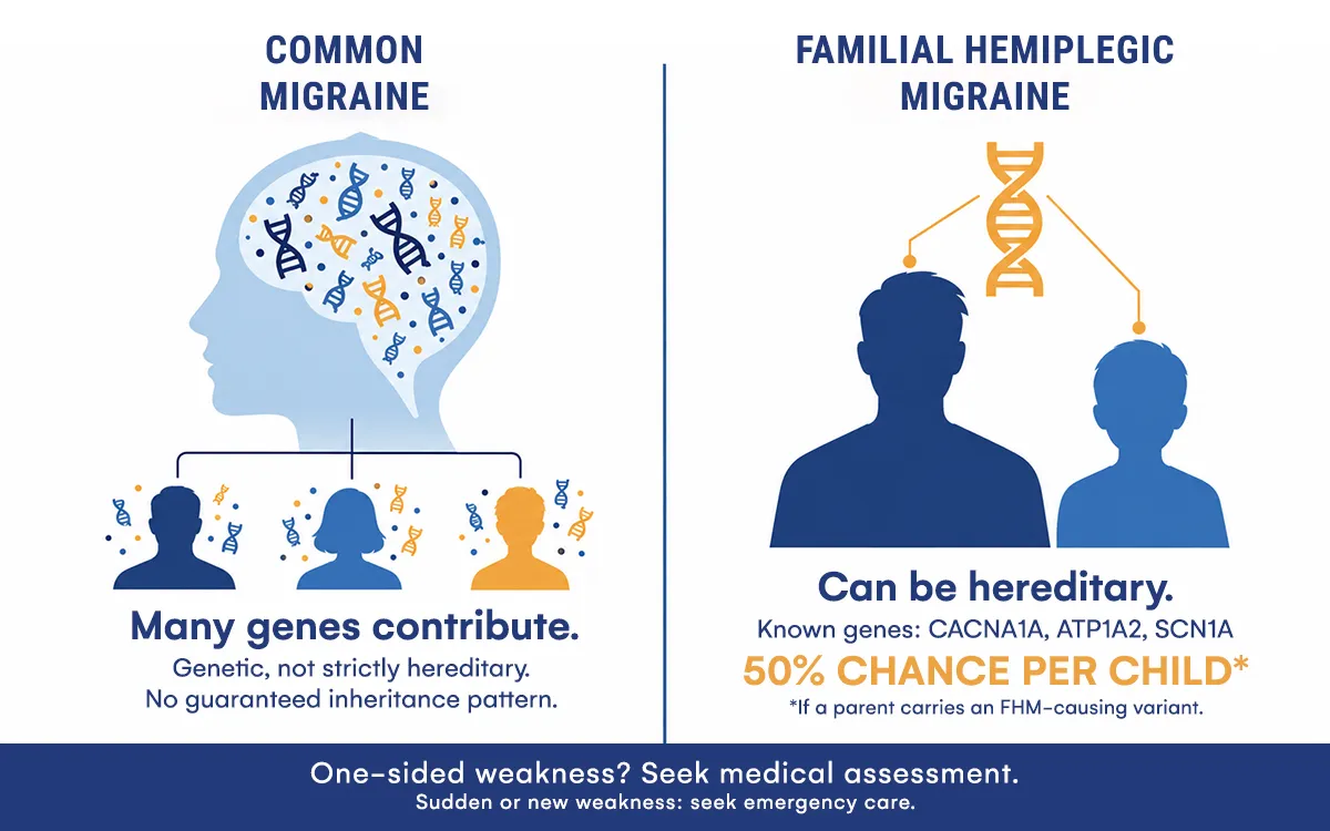 Comparison of whether migraine is genetic or hereditary: common migraine versus familial hemiplegic migraine. 