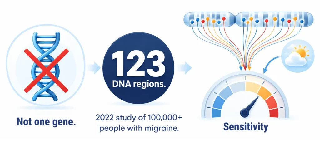  Infographic showing migraine is a polygenic genetic disorder, with 123 DNA regions combining instead of one single gene.