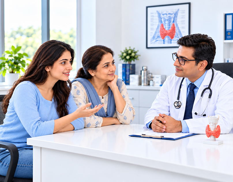 Mother and doctor discussing to thyroid gland